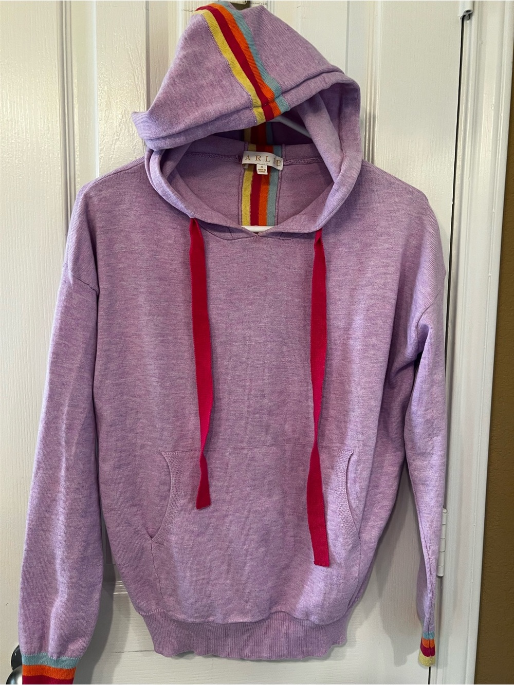🌈 Karlie Rainbow Stripe Lavender Sweater-Knit Hoodie | Women’s S